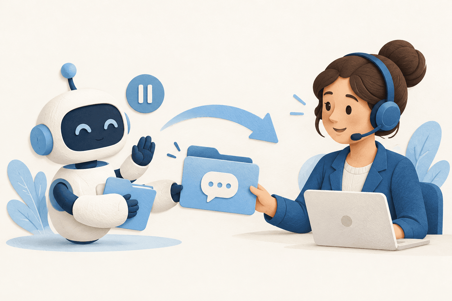 A paused robot transfers the customer conversation to a human support agent