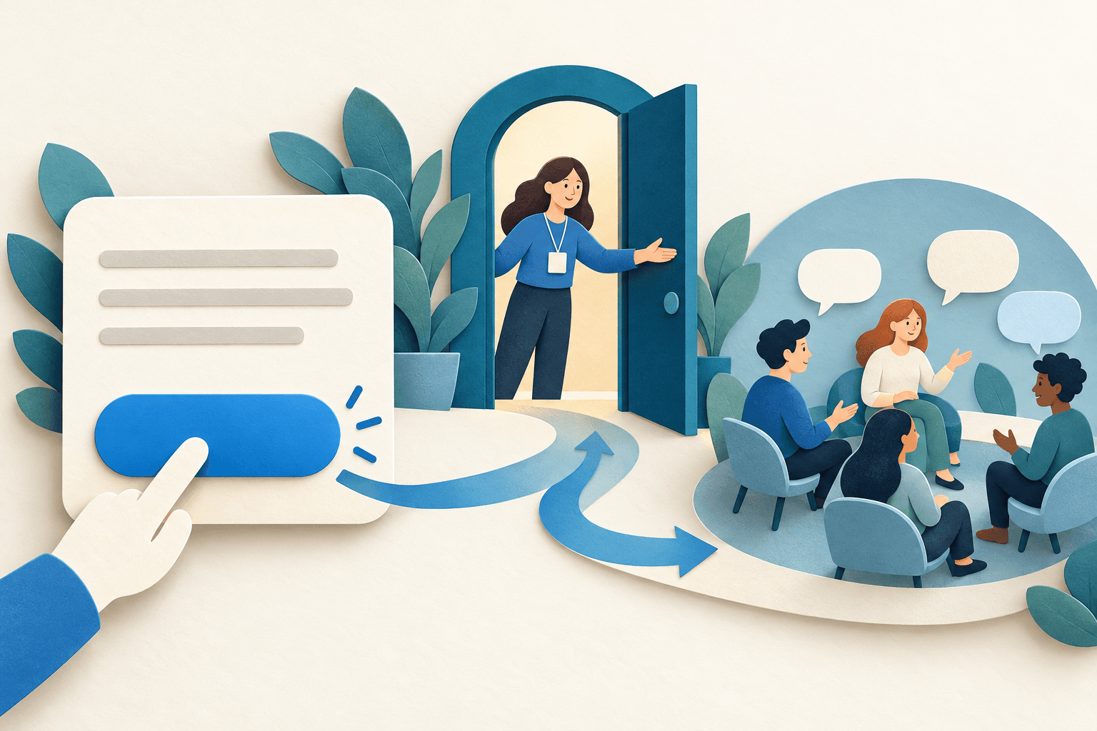 Conceptual illustration of a message button leading through an admission desk into a discussion group