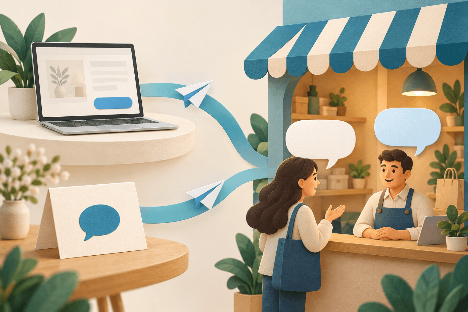 Conceptual illustration of a website contact button and a printed card leading to a private business helpdesk