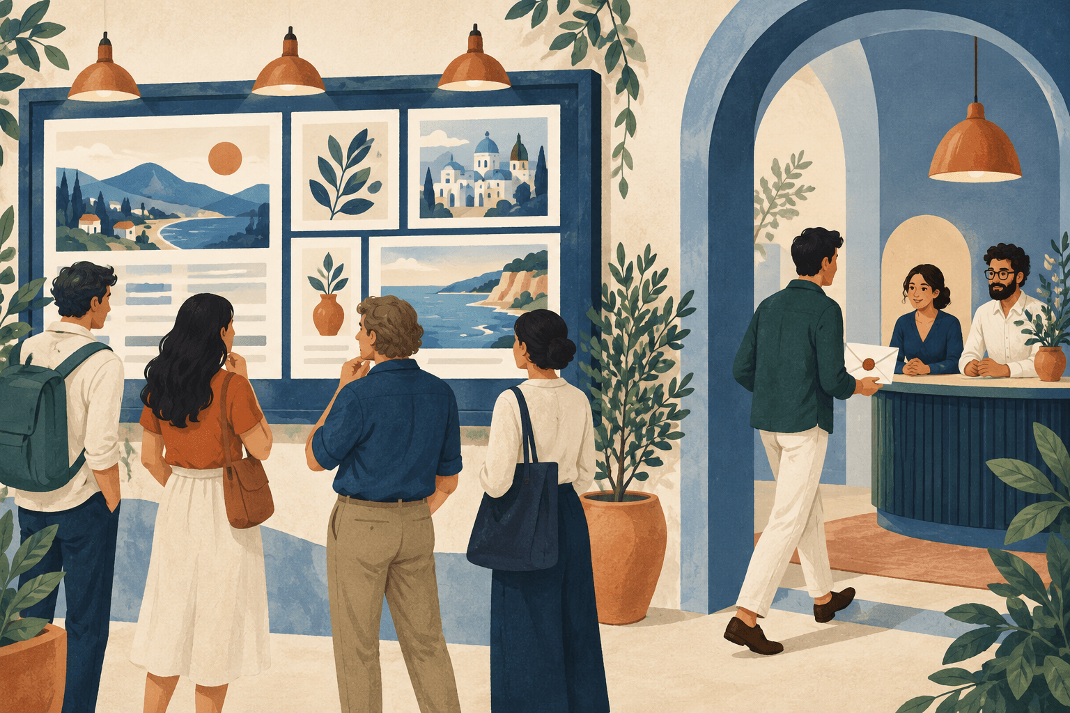 Conceptual illustration of an enquiry envelope travelling from a channel noticeboard to a separate team desk