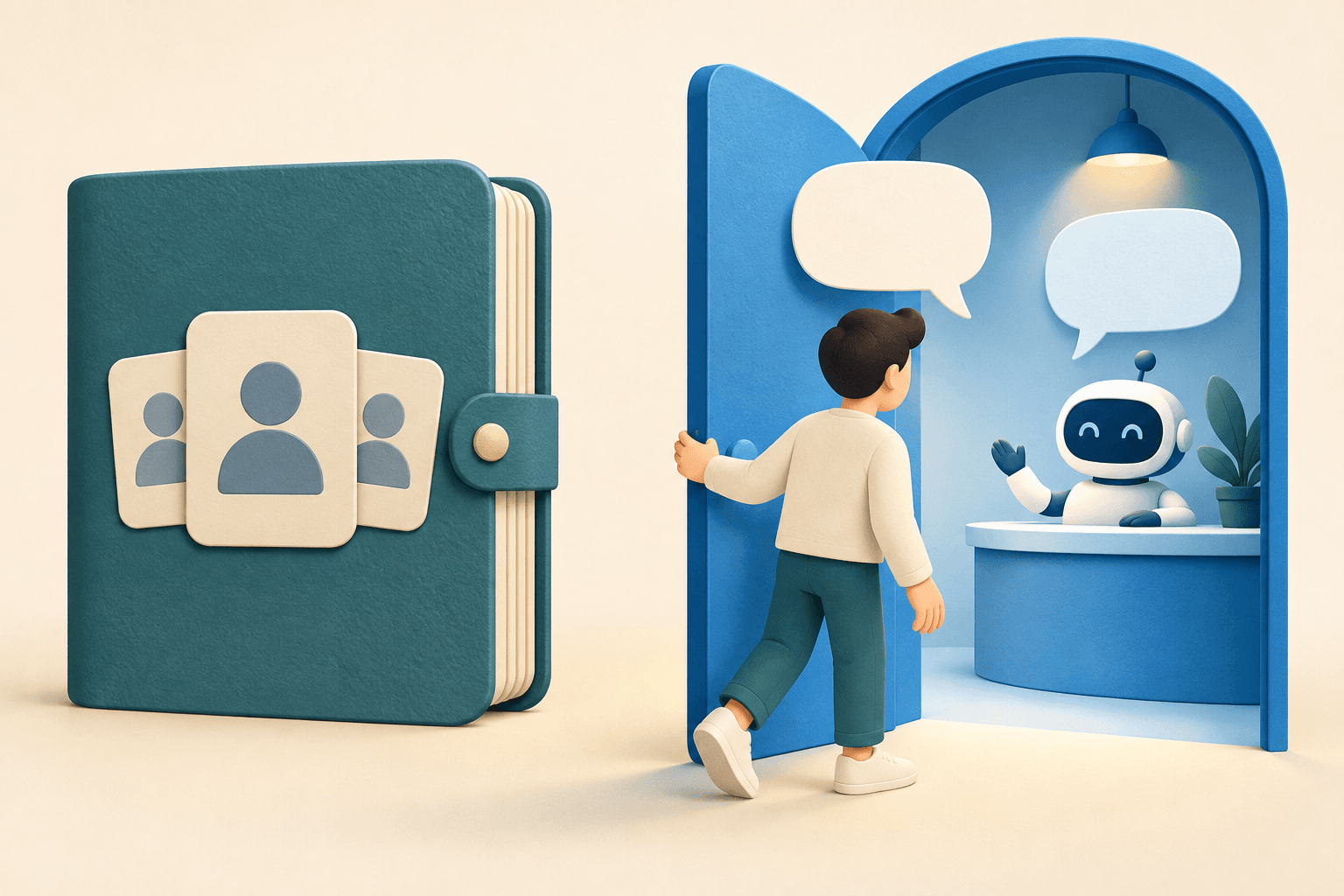Conceptual illustration separating a phone contact card from a person starting a bot and choosing update topics