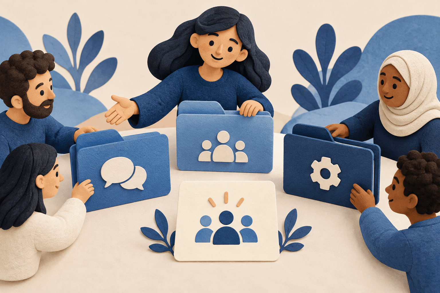 A community organizer arranges separate conversation folders around a clear welcome card