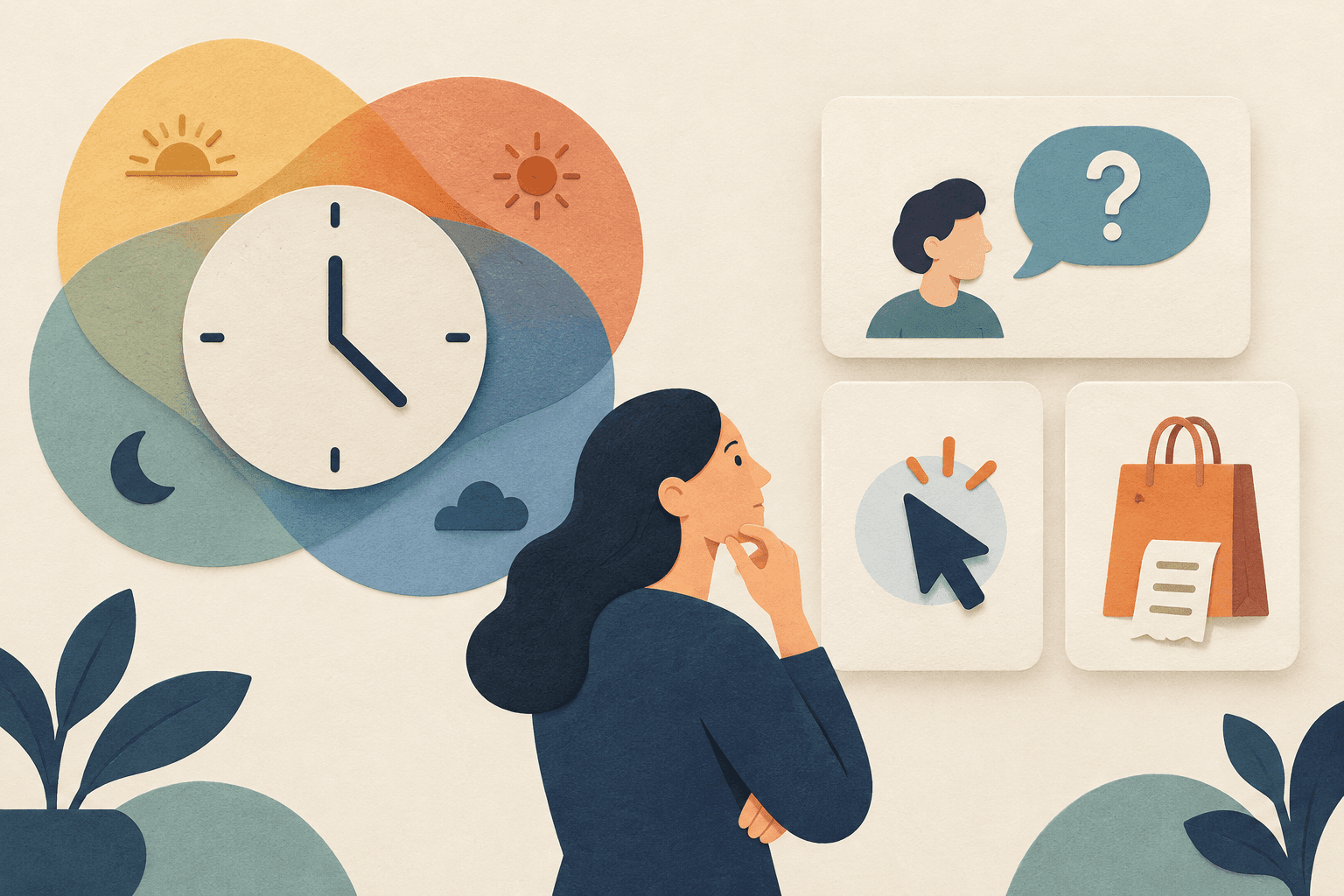 A clock representing approximate activity time is compared with separate click, inquiry and purchase cards.