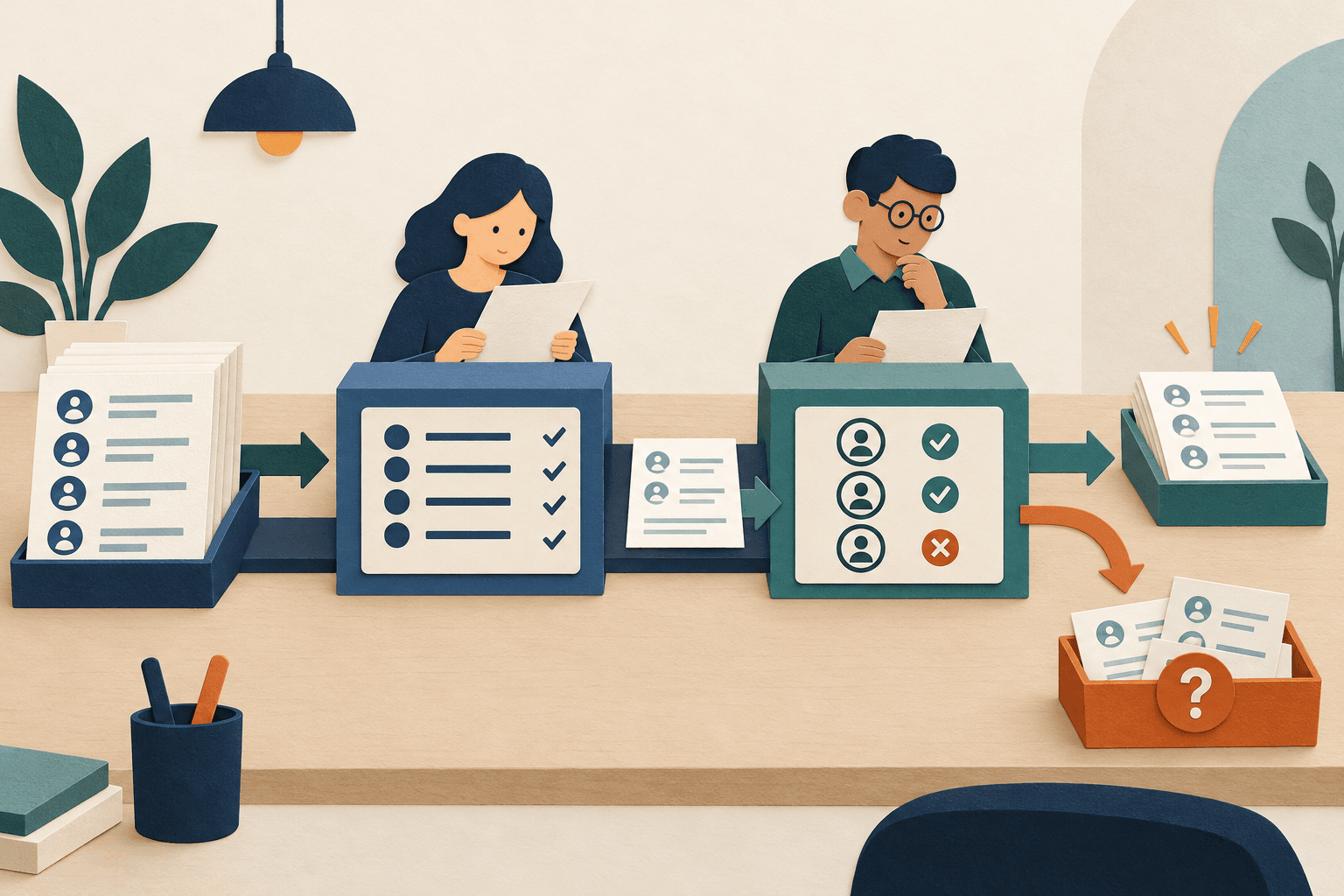 An owned contact list passes through separate number and account checks, with uncertain records kept apart for review.