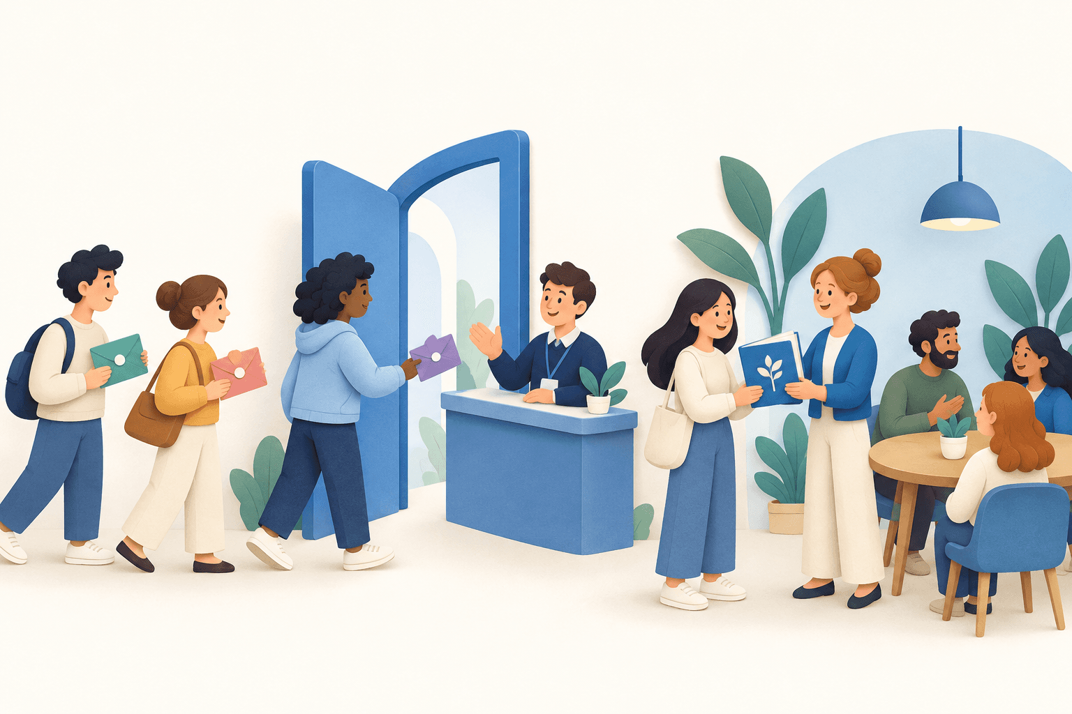 Visitors use invitations, pass a host at an approval desk and receive a welcome booklet inside a community