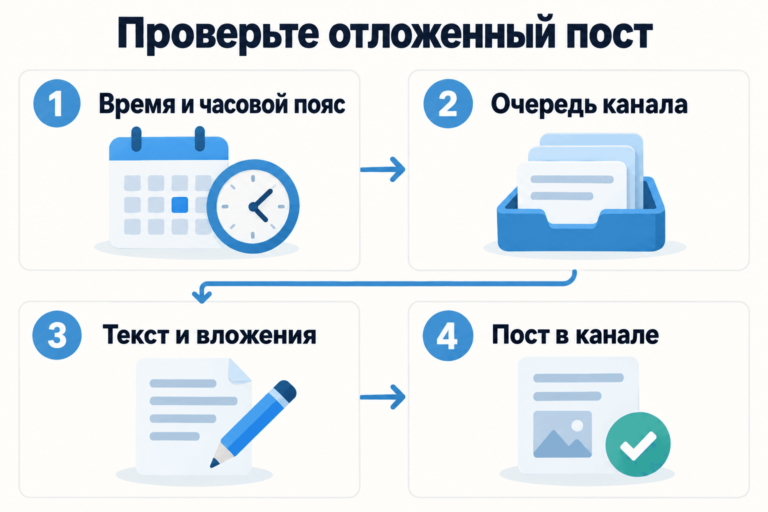 Концептуальная схема проверки отложенного поста: время и часовой пояс, очередь канала, текст и вложения, фактическая публикация