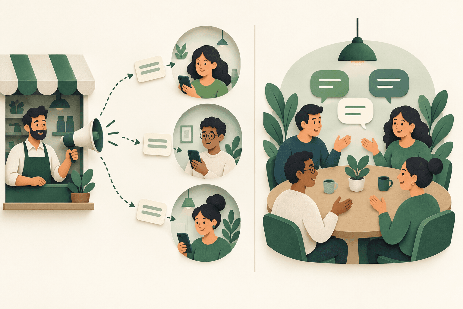 Conceptual split illustration of separate private customer updates and participants discussing together around a table