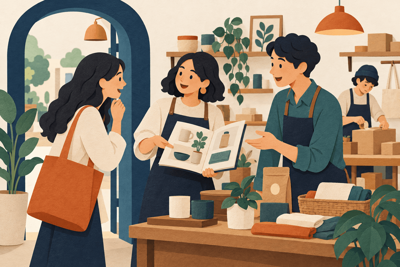 A customer entry point connected to a chosen conversation, product advice and a repeat-order decision