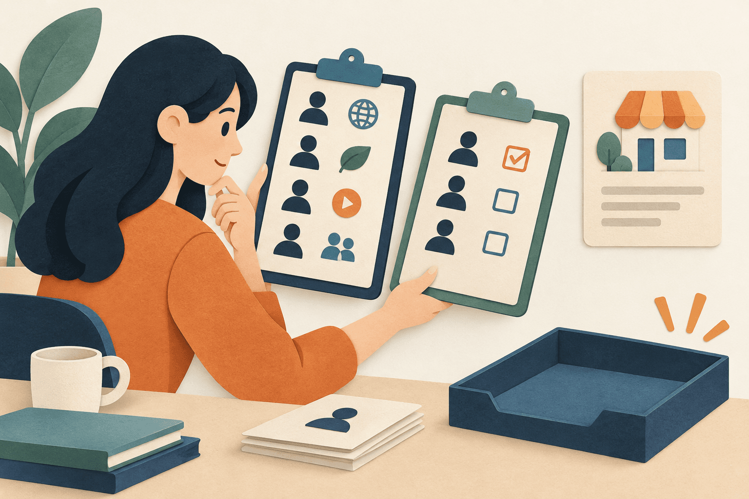 A marketer reviews customer account observations and contact preferences on separate checklists.