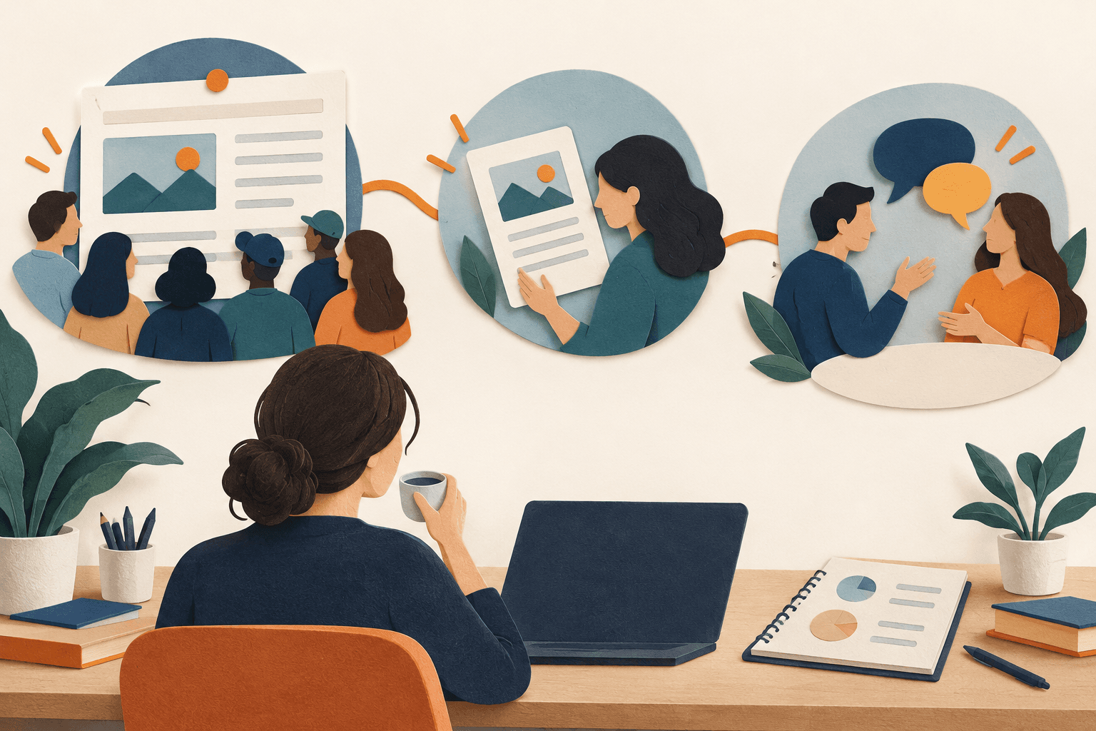 A marketer connects content publishing, audience reading and an individual customer conversation.