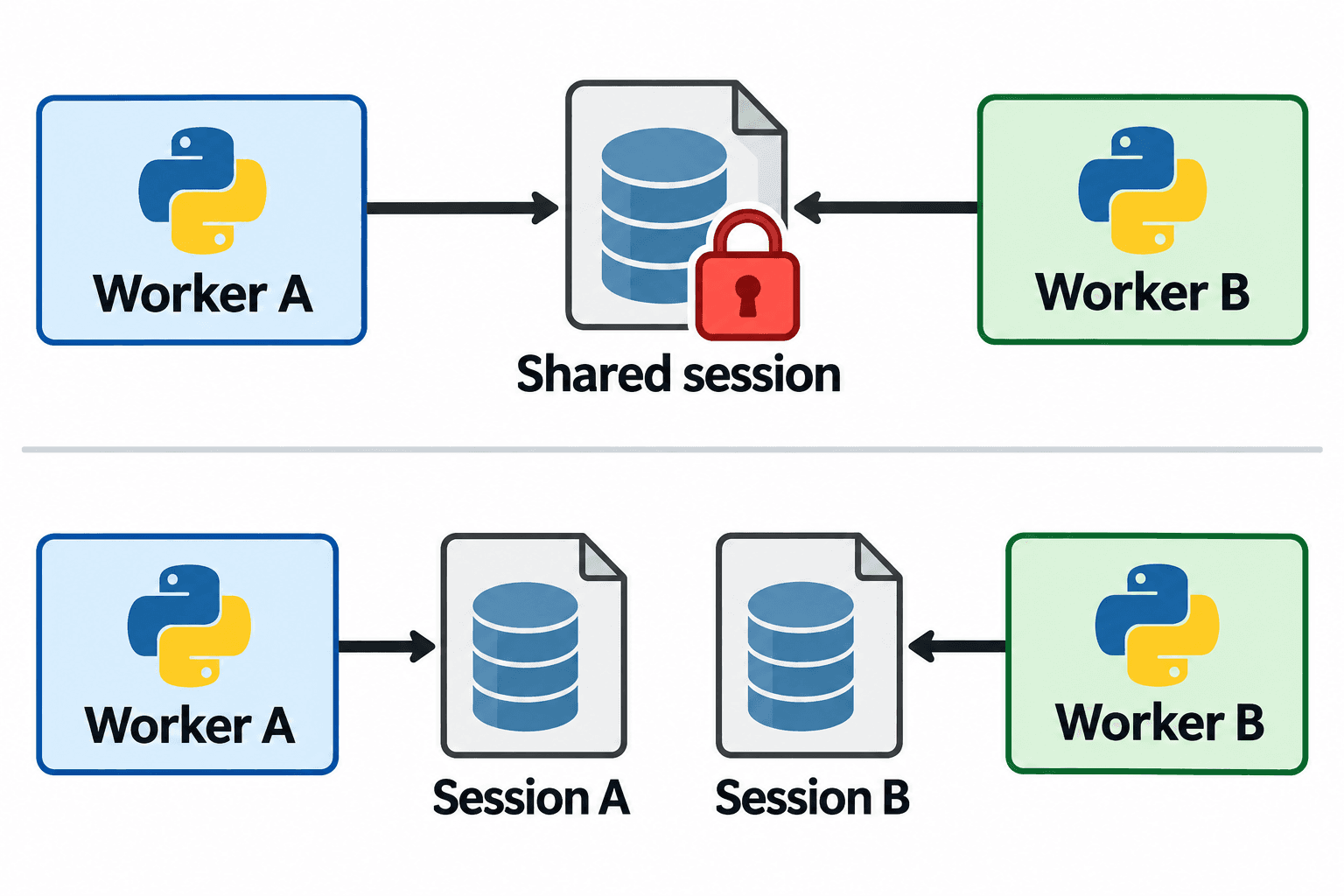 Conceptual session ownership diagram: two clients competing for one SQLite session, followed by a single owner and separate independently authenticated sessions.
